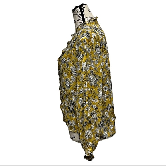 Zara Floral Jacquard Blouse XS BUTTER Yellow Ruffle Semi Sheer Boxy Boho Fairy - Picture 3 of 8